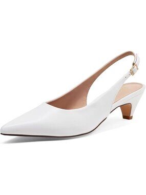 Women's White Slingback Pump Pointed Closed Toe Elegant Low Kitten Heel Shoes